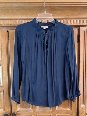 Loft Womens Long Sleeve Blue Blouse with Ruffled Drawstring Neck Tie XS